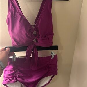 Tie-Front Deep V High-Waist Bikini Set - Plum